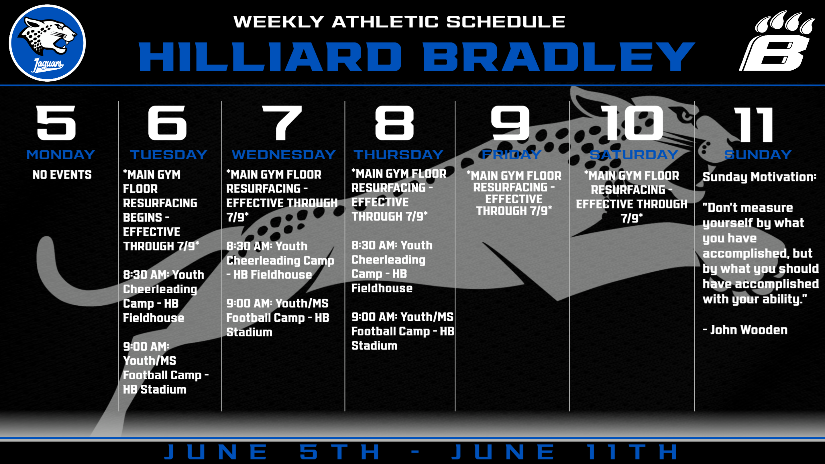 HB Athletics Weekly Schedule (6/5-6/11) – Bradley & Memorial Athletics