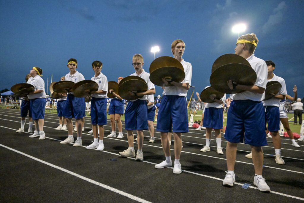 Percussion performing to the fans at a football game.
