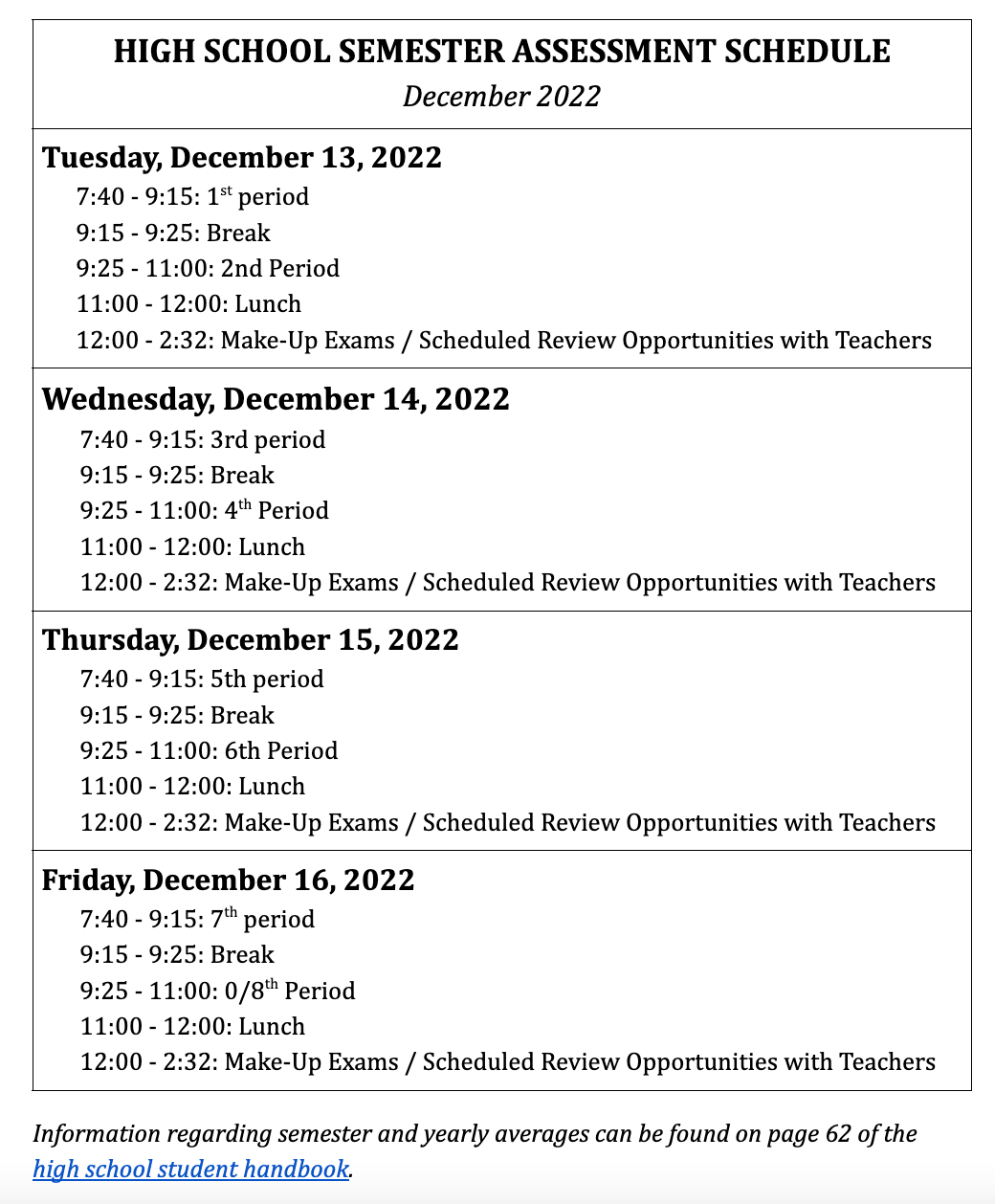 semester assessment schedule