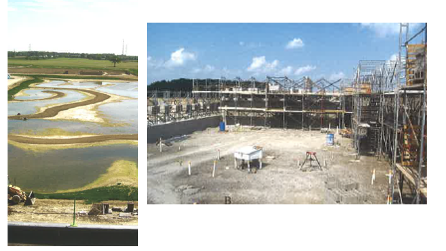 It took over a year to construct our school. The photo on the left shows the wetland during construction; on the right is an early picture of what is now the main gym. 