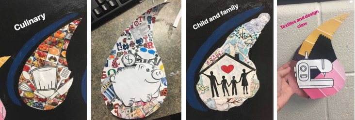 Family & Consumer Sciences–each claw represents a different aspect of FCS classes. The order from left to right: Textiles and Design, Culinary Cuisine and Global Gourmet, Careers and Money Management, Child and Family Studies.