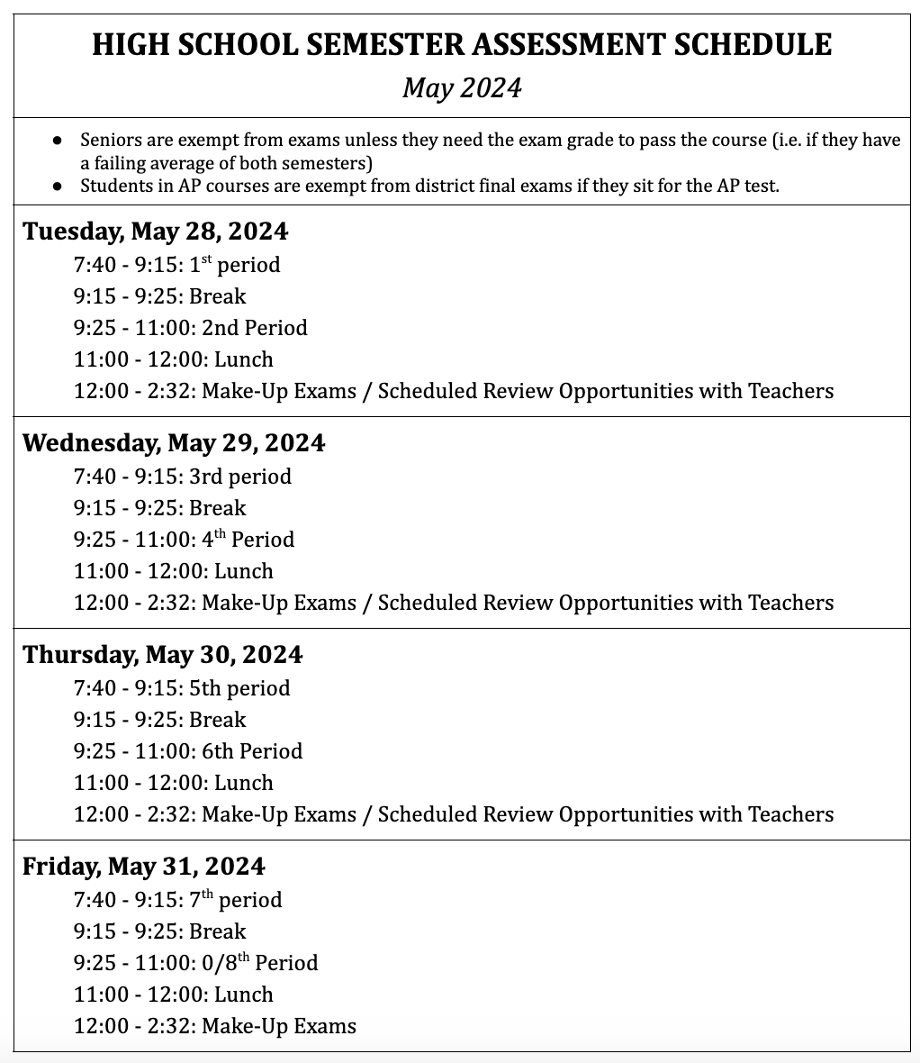 Final Exam Schedule, May 2024 Hilliard Davidson High School