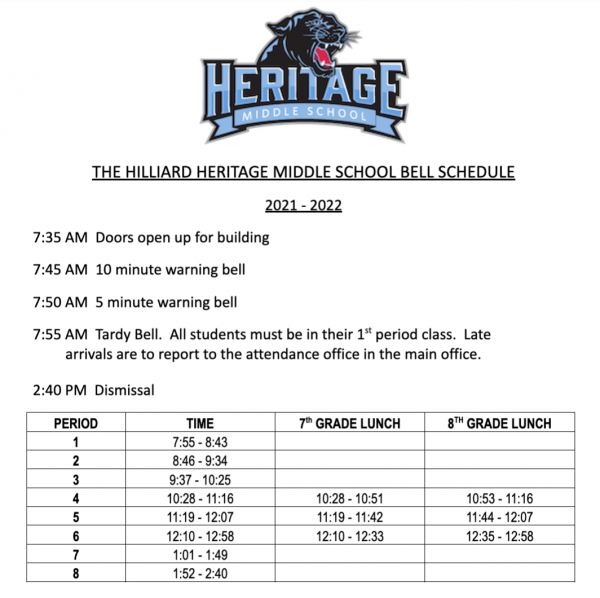 Bell Schedule Heritage Middle School