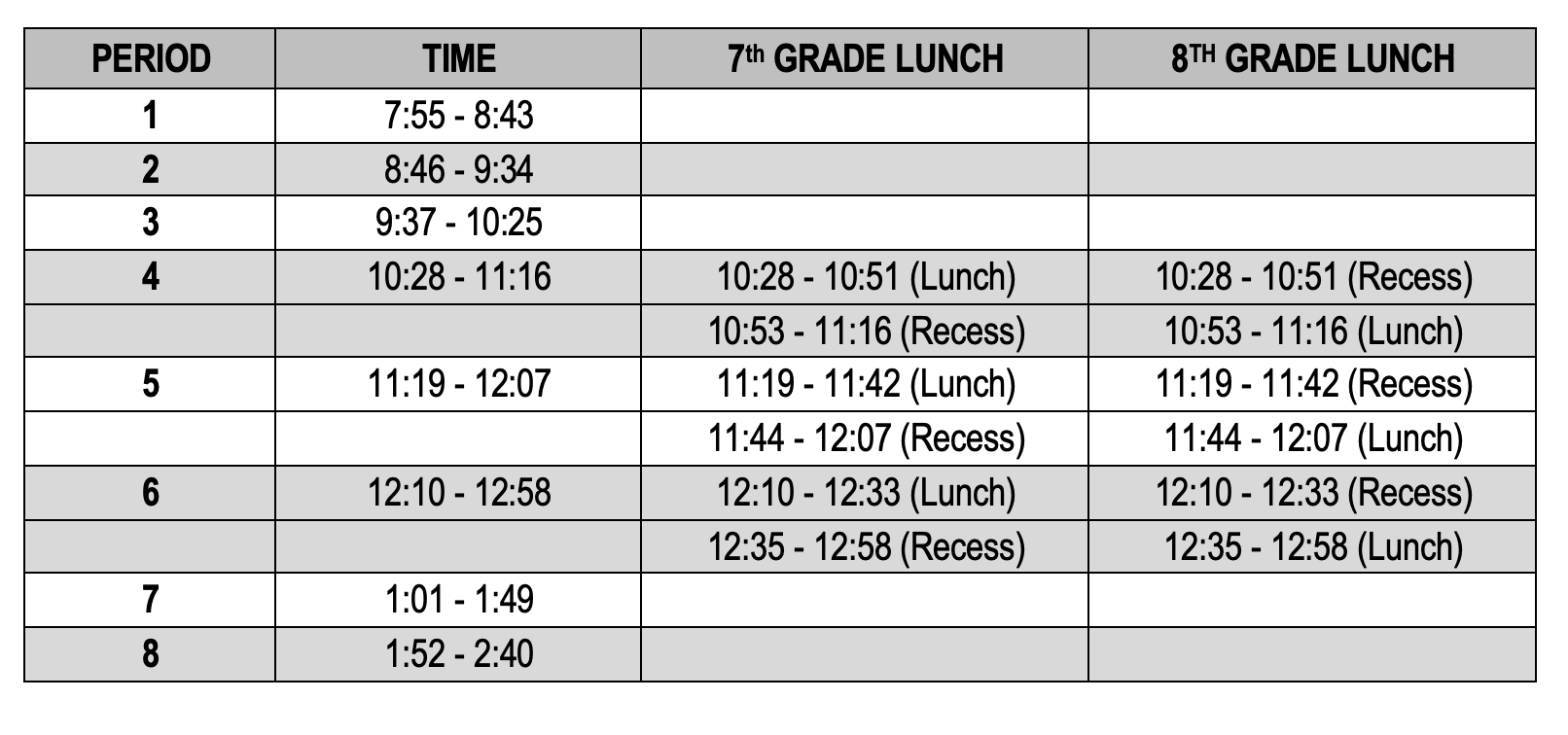 Bell Schedule Heritage Middle School
