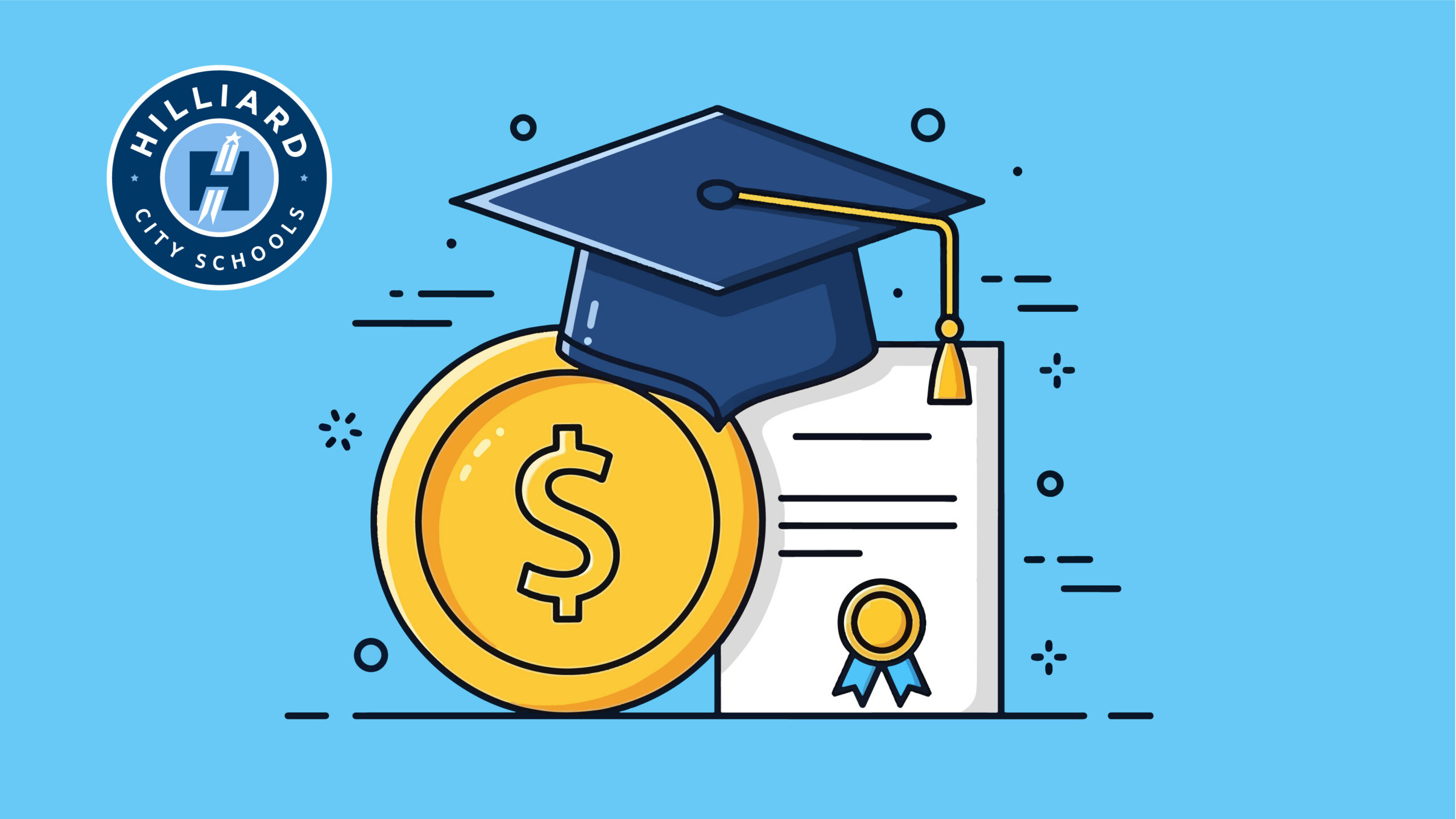 Graduation cap, Coin and paper on blue background.