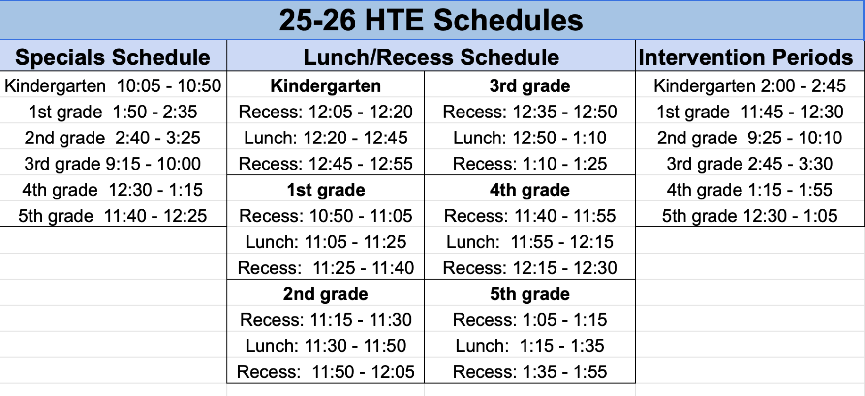 Grade Level Schedules
