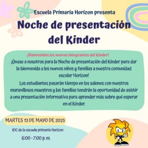 Informational graphic for Horizon Elementary's Kindergarten Preview Night (in Spanish)
