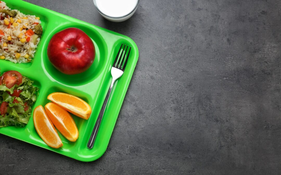 School lunch tray with apple, orange, milk, rice, and a salad.