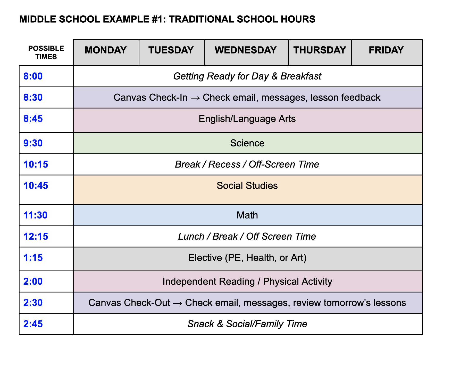 middle School Traditional Schedule Example of a Middle School Traditional Schedule