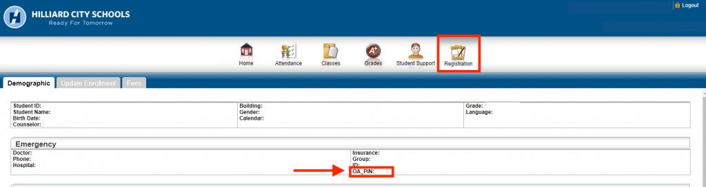 where to find your student's OA Pin in Home Access