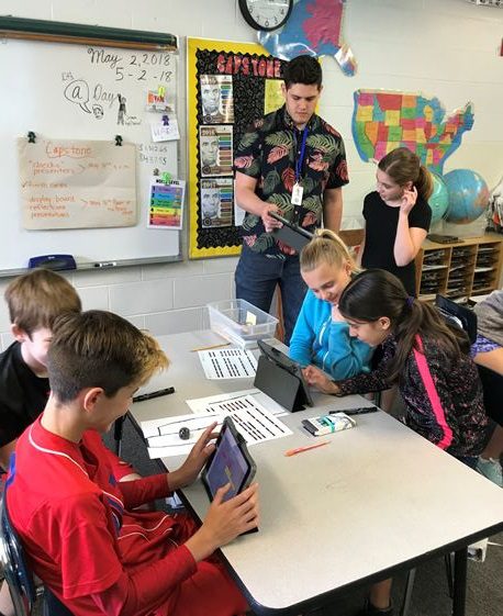 elementary students working with Academy EDU student