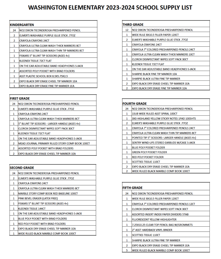 Washington Elementary School School Supplies